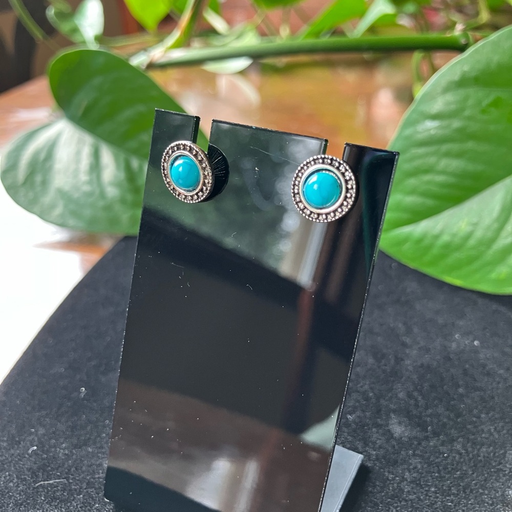Turquoise and Silver Earrings with Ornate Design - Picture 1 of 2